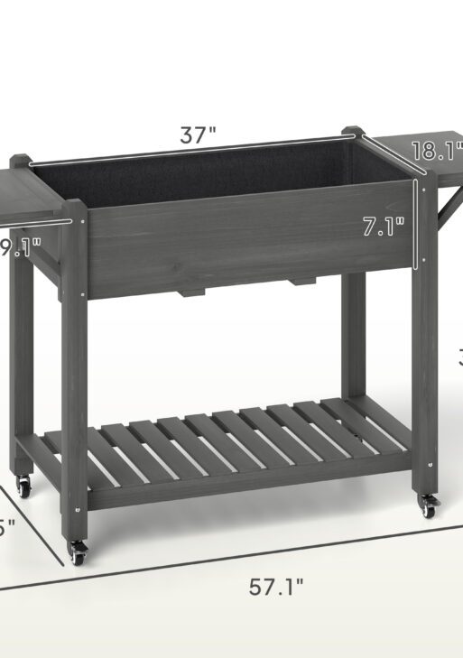 Wood Raised Planter Box, Elevated Garden Bed with Lockable Wheels, Side Tables, Bottom Shelf, Drain Holes, Gray