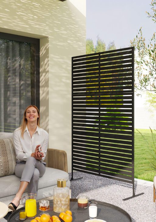 Decorative Privacy Fence Screen, Metal Outdoor Privacy Screen Climbing Plant Trellis with Stand, 78" H x 48" W, Black