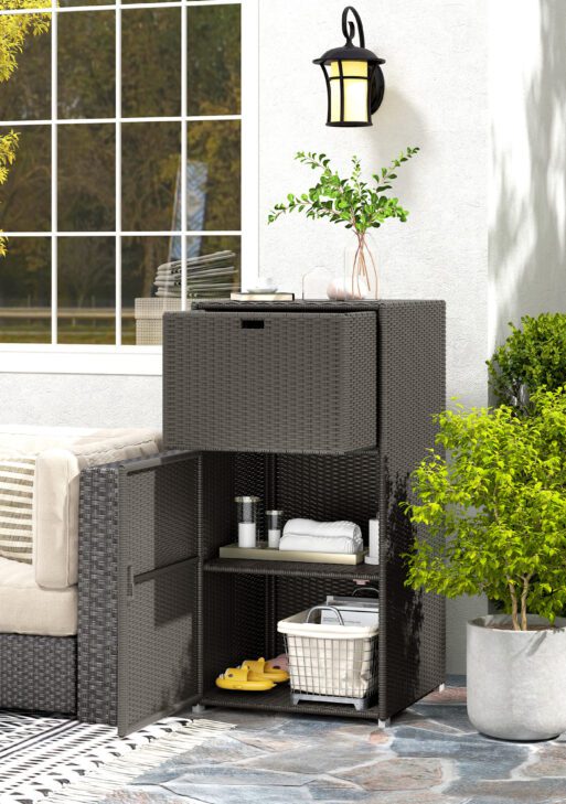 Outdoor Towel Rack for Pool w/ Drawer & Cabinet, Dark Brown