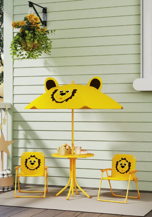 Kids Picnic Table and Chair Set, Outdoor Activity Table with Foldable Chairs, Height Adjustable Umbrella, Yellow