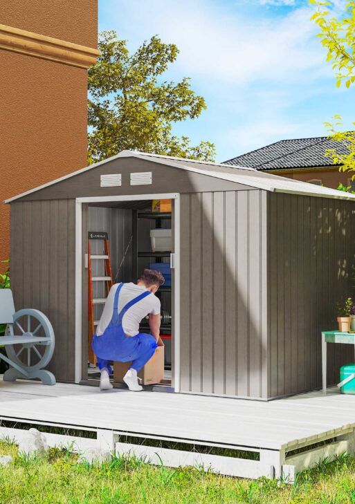 Outdoor Shed Garden Storage Shed Tool Storage Building with 4 Vents and 2 Sliding Doors, 9 x 6 FT, Light Brown
