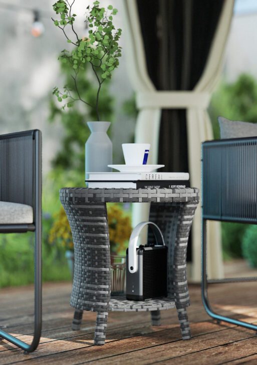 18" Wicker Outdoor Coffee Table, PE Rattan Patio Side Table with 2-Tier Storage, Composite Wood Top, Gray