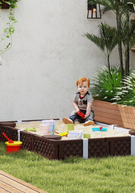 Kids Sandbox with Cover, 4 Corner Seats, Bottom Liner for Backyard, Garden, Outdoor, 73" x 47" x 9", Dark Brown