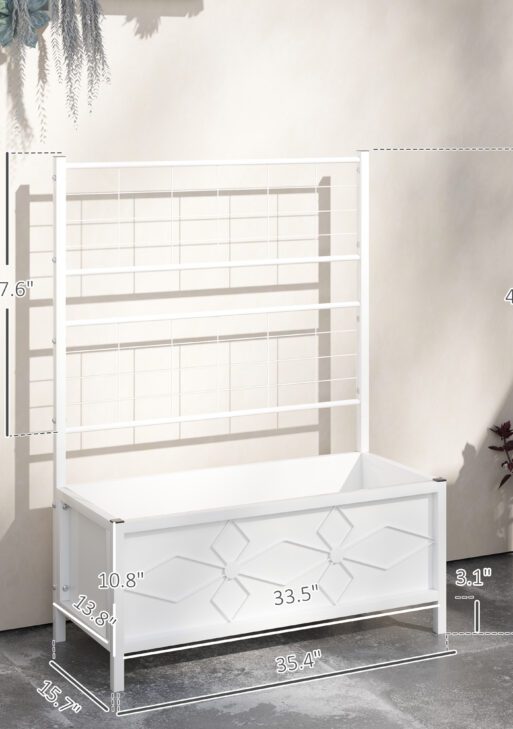 Outdoor Planter Box Galvanized Raised Garden Bed with Trellis for Climbing Vines, 35.4" x 15.7" x 47.2", White