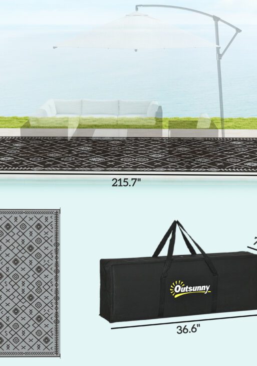 Reversible Outdoor Rug, Waterproof Plastic Straw with Carry Bag, 9' x 18', Black & Gray Rhombus