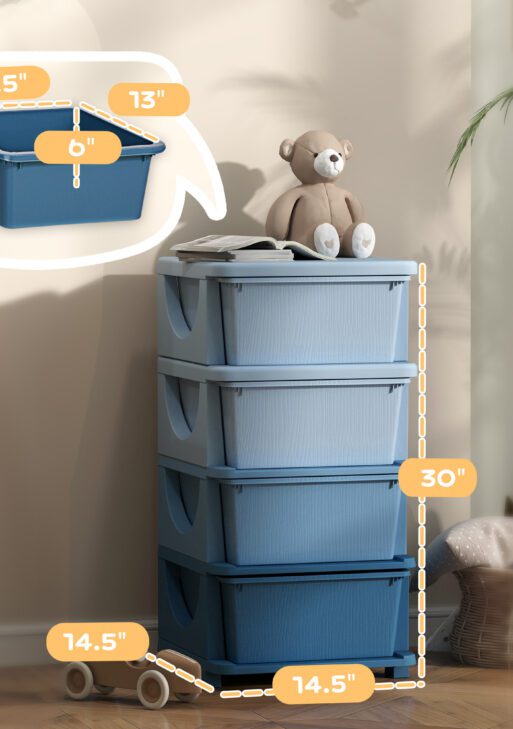 30" 4 Tier Kids Storage Unit Dresser Tower w/ 4 Drawers, Blue
