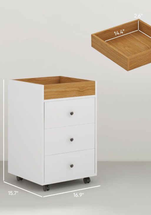 3 Drawer File Cabinet on Wheels Mobile Home Office Storage Cabinet with Top Tray Under Desk Printer Stand, White