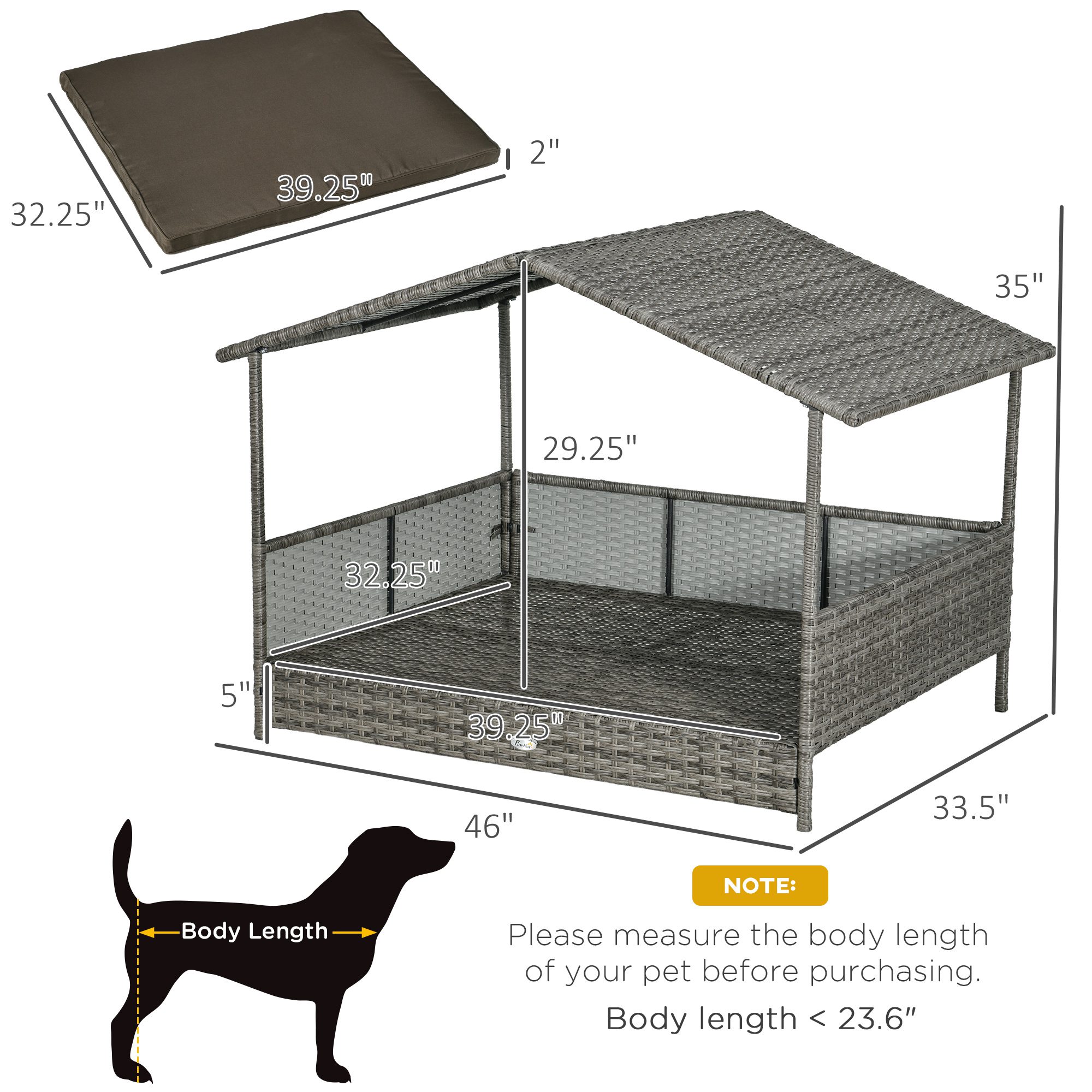 Outdoor Dog Bed with Canopy, Rattan Dog Bed with Soft Cushion Removable Cover for Medium and Large Dogs, Charcoal Gray - Image 1