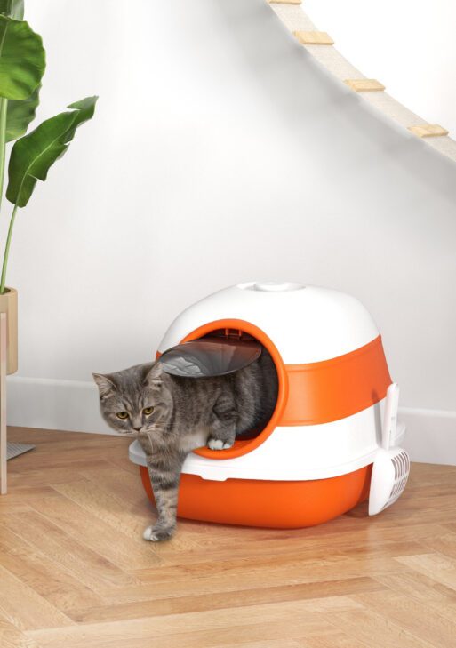 Dome Covered Cat Litter Box with Lid, White and Orange