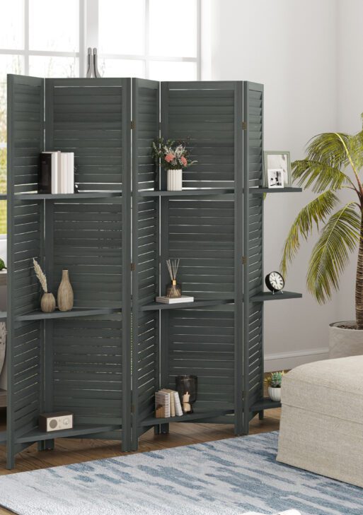5 Panel 67" Tall Wood Privacy Screen Room Divider with 3 Shelves and Folding Storage for Bedroom, Gray
