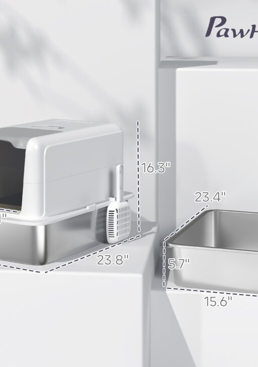 2 in 1 Stainless Steel Cat Litter Box with Removable Lid, Scoop, Filter Bags, for Small to Large Cats, White