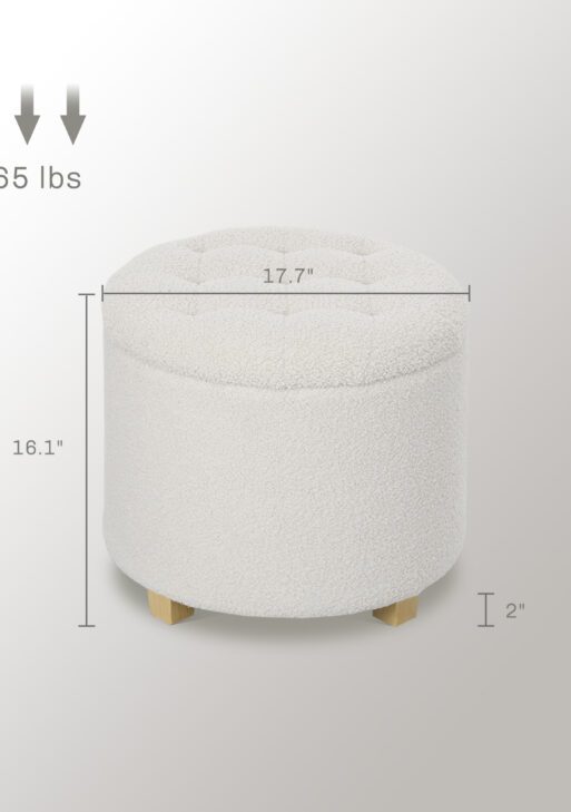 18" Round Ottoman with Storage, Teddy Fleece Button Tufted Foot Stool with Lid, Wood Legs for Living Room Hallway, White