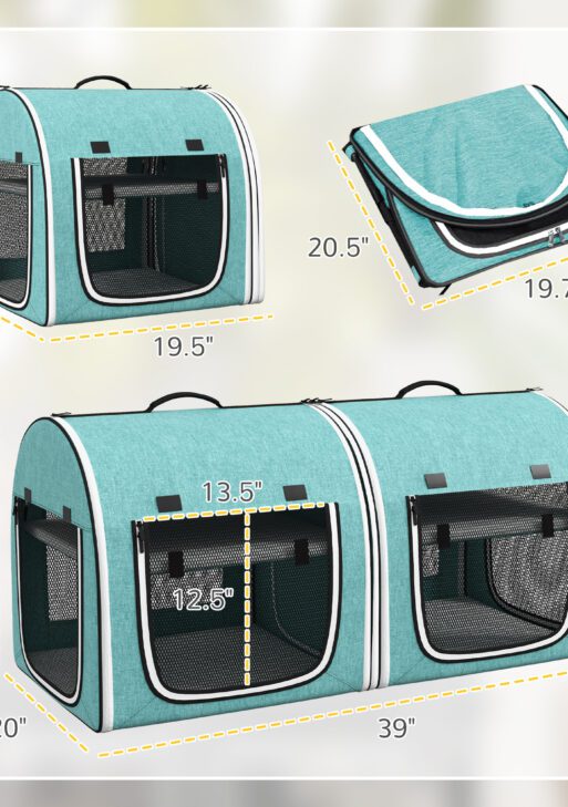 39" Portable Soft 2 Sided Pet Cat Carrier with Divider, Two Compartment, Soft Cushions, & Storage Bag, Green
