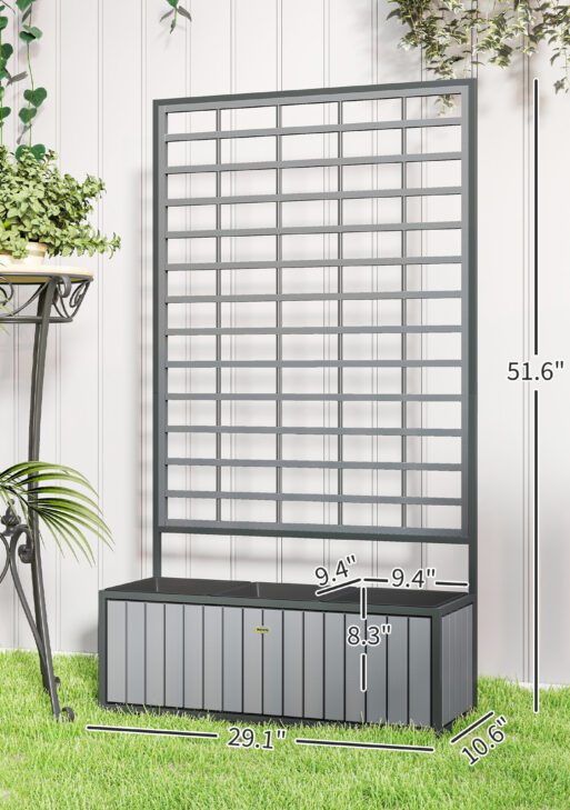 Wooden Raised Garden Bed with Trellis, Removable Pots, for Backyard, Patio, Balcony, 29" x 11" x 52", Gray
