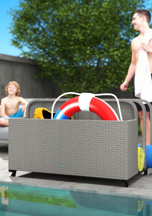 PE Rattan Pool Float Storage Organizer with Wheels, Mixed Gray