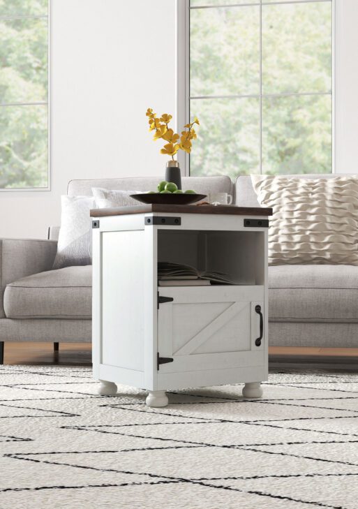 Side Table with Storage, End Table with Open Shelf, Cupboard and Wood Legs, Modern and Farmhouse Style, White