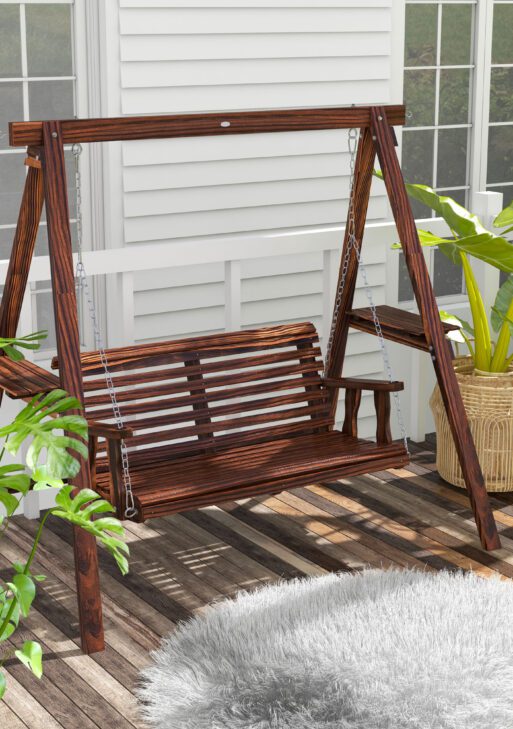 2-Seat Outdoor Swing Chair with Stand and Side Tables for Garden, Poolside, Backyard, Carbonized