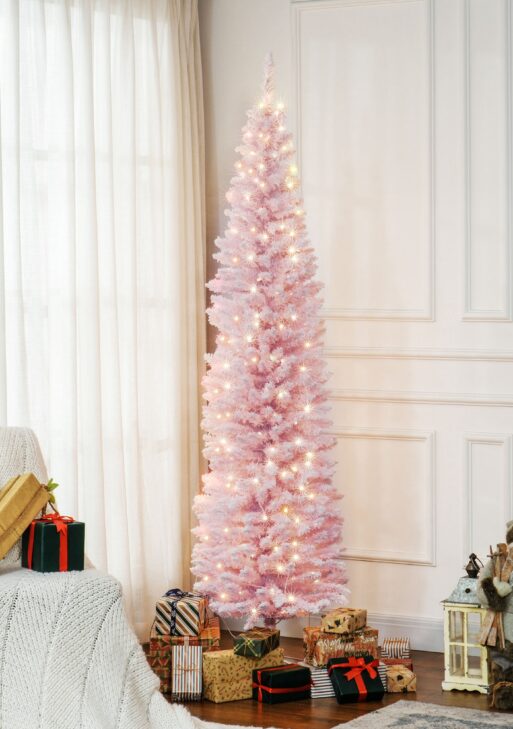 7ft Pencil Christmas Tree, Slim Artificial Christmas Tree with Snow Flocked Branches and Warm White LED Lights, Pink