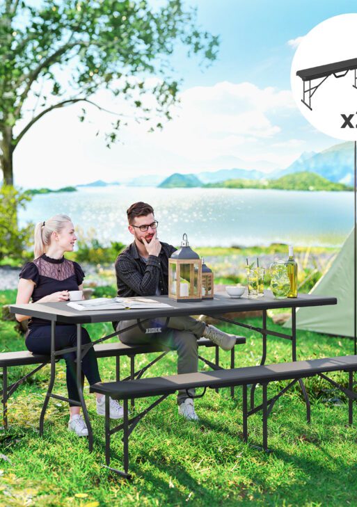 2 Pack 6 ft Portable Foldable Bench Seats, Plastic Folding Benches with Carrying Handle for Camping, Black