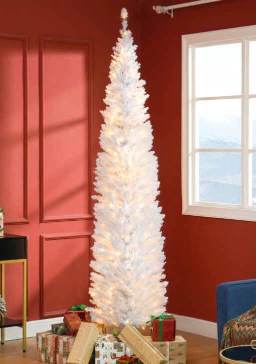 8ft Pencil Christmas Tree, Slim Artificial Christmas Tree with Realistic Branches and Warm White LED Lights, White