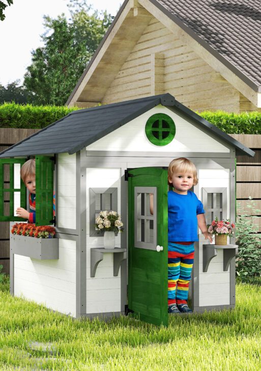 Wooden Playhouse for Kids Outdoor with Doors, Windows, Planter Pots and Boxes for Toddlers 3-8 Years, White