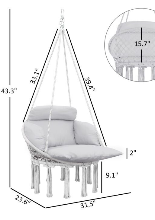 Hammock Swing Chair, Macrame Hanging Chair with Large Cushion, Chain, Steel Frame for Indoor Outdoor Use, Gray