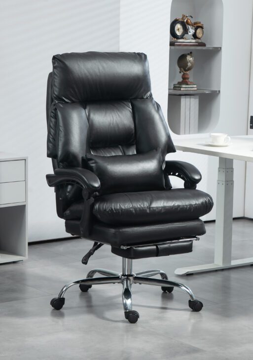 Overstuffed Office Chair, High Back Desk Chair with Foot Rest, Reclining PU Leather Computer Chair, Black