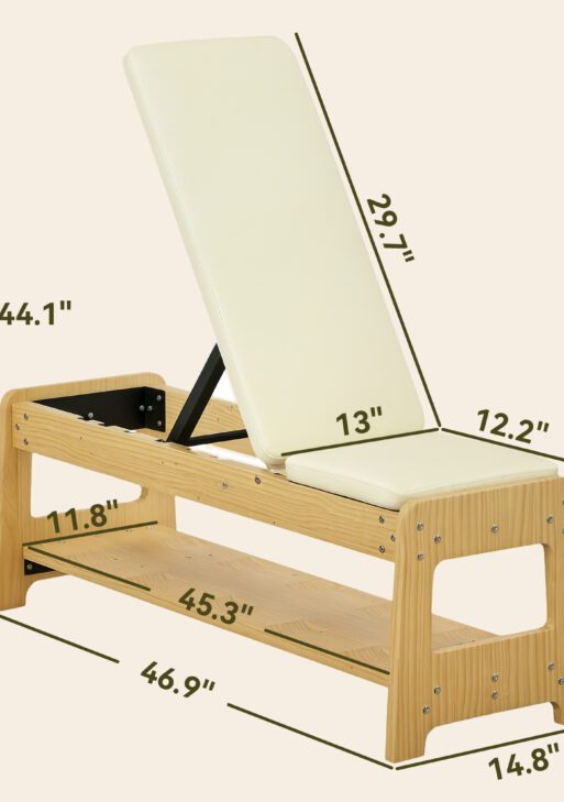 Wooden Adjustable Weight Bench with Dumbbell Rack, Flat or Incline Workout Bench for Home Gym Weight Lifting, White