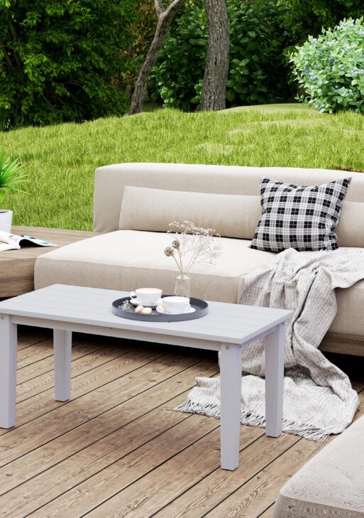 Rectangle Outdoor Coffee Table, HDPE All-Weather Outdoor Patio Table with Slatted Tabletop for Yard, Balcony, White