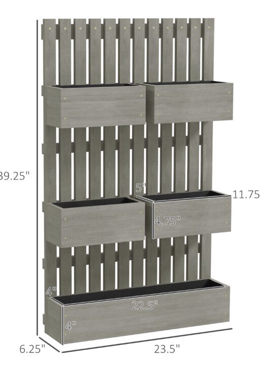 5 Box Raised Garden Bed w/ Trellis for Climbing Plants, Wall-Mounted Wood Planters w/ Drainage Holes, Gray