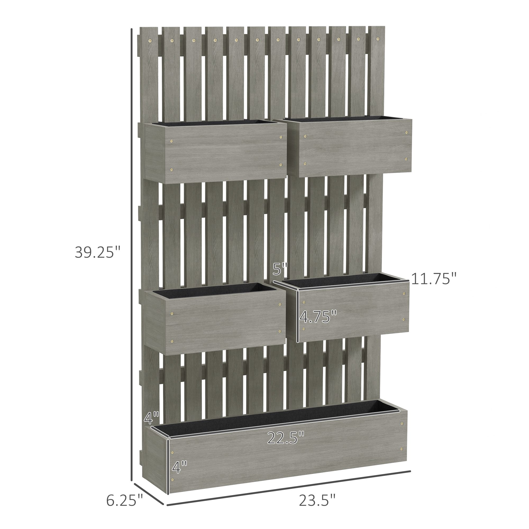 5 Box Raised Garden Bed w/ Trellis for Climbing Plants, Wall-Mounted Wood Planters w/ Drainage Holes, Gray - Image 1