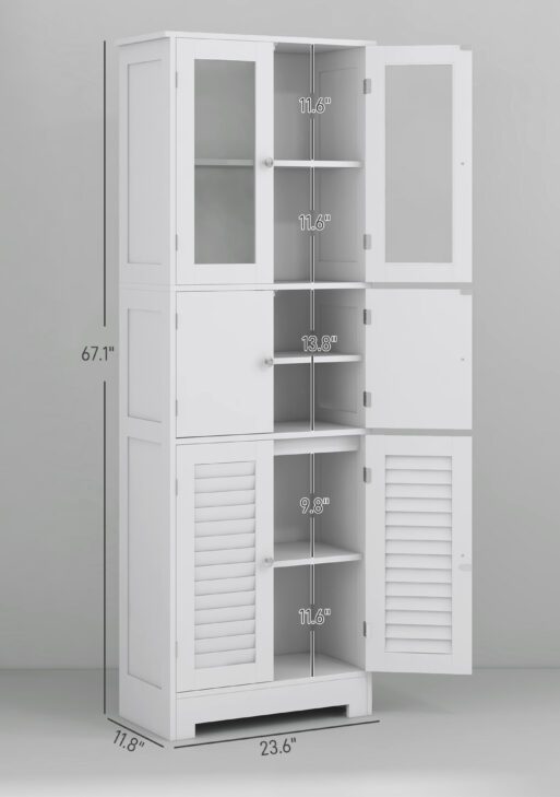 Freestanding Bathroom Cabinet with Glass/Louvred Doors, Tall Bathroom Storage Cabinet with Adjustable Shelf, White