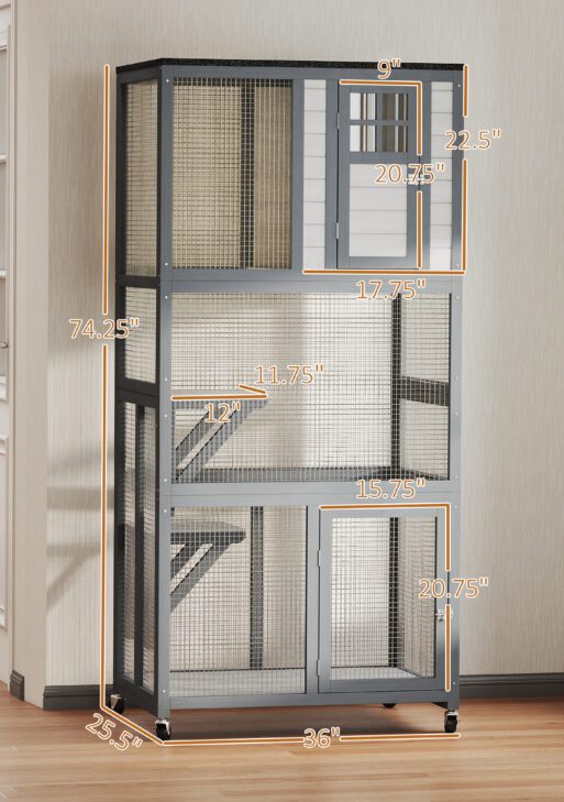 74" Wooden Outdoor Cat House Catio with High Weight Capacity, Cat Cage Condo, Dark Gray