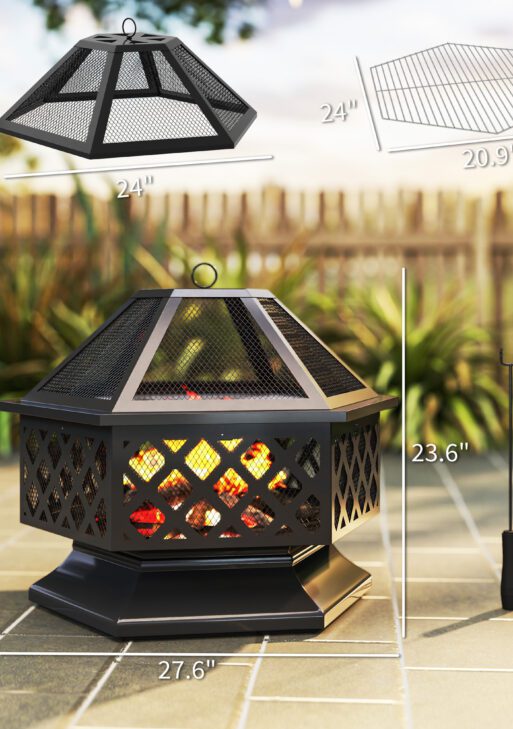 28" Outdoor Fire Pit with Grill Hexagon Fireplace Wood Burning Firepit with Cooking Grate, Fire Poker, Spark Screen Lid