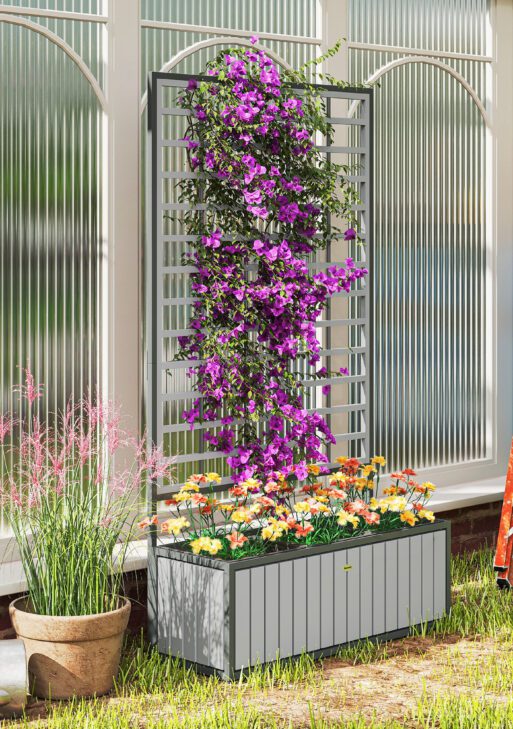 Wooden Raised Garden Bed with Trellis, Removable Pots, for Backyard, Patio, Balcony, 29" x 11" x 52", Gray