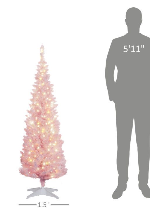 5ft Pencil Christmas Tree, Slim Artificial Christmas Tree with Snow Flocked Branches and Warm White LED Lights, Pink