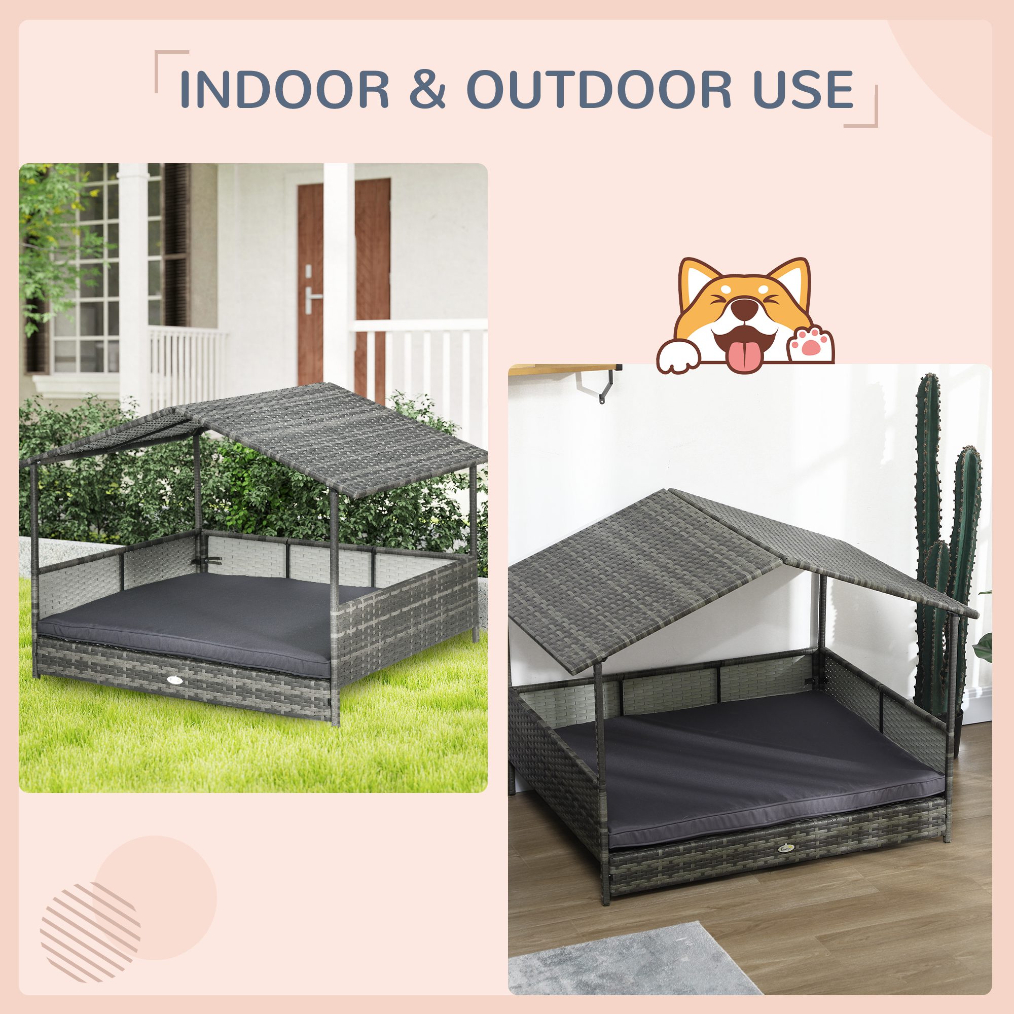 Outdoor Dog Bed with Canopy, Rattan Dog Bed with Soft Cushion Removable Cover for Medium and Large Dogs, Dark Gray - Image 2