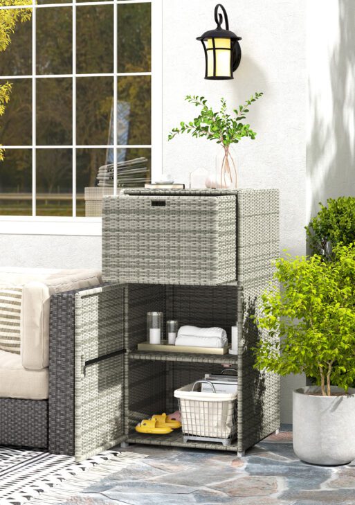 Outdoor Towel Rack for Pool w/ Drawer & Cabinet, Gray