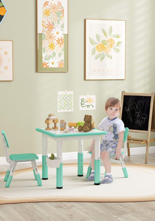 3pc Height Adjustable Toddler Table and Chair Set with Storage, Easy to Wipe for Daycare Classroom, Green