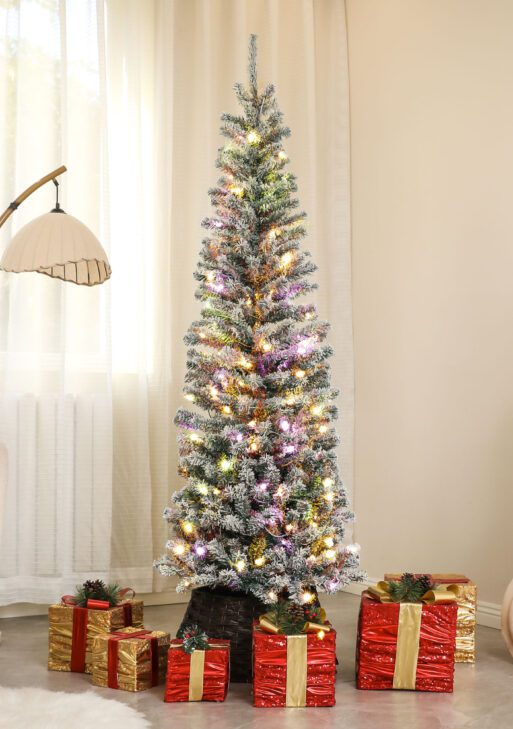 6 ft Pencil Christmas Tree, Pre-Lit Flocked Xmas Tree with Dual Color LED Lights, 429 Tips and Metal Stand, Green