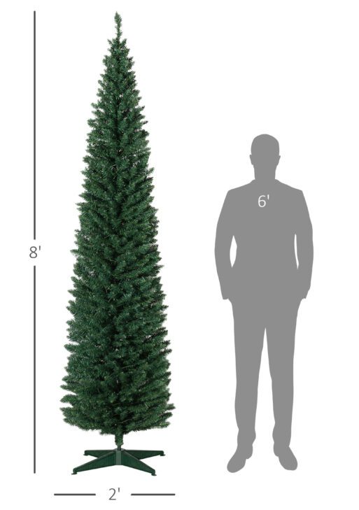 8ft Pencil Christmas Tree, Slim Artificial Christmas Tree with Realistic Branches and Warm White LED Lights, Green