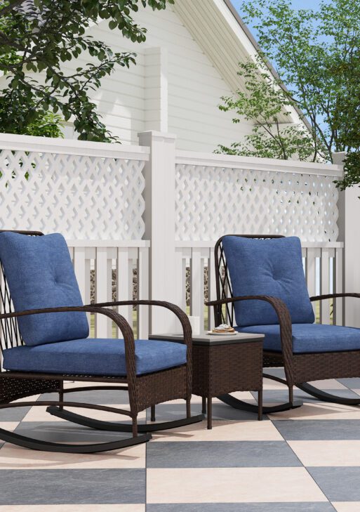 3 Piece Wicker Patio Furniture Set, Outdoor PE Rattan Rocking Chairs with Coffee Table, Cushions for Porch, Brown