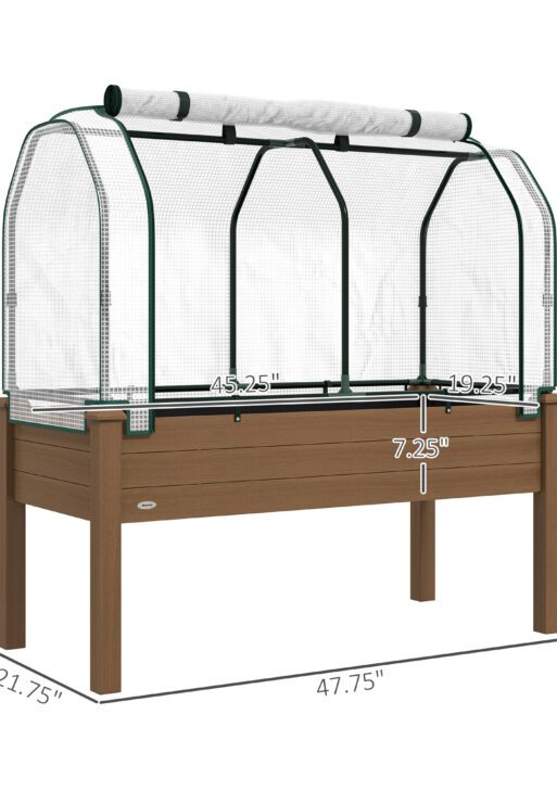 Raised Garden Bed with PE Greenhouse Cover Outdoor Planter Box for Herbs and Vegetables, 48 x 22 x 46 inch, Brown