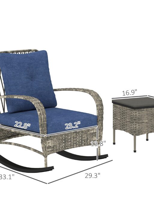 3 Piece Wicker Patio Furniture Set, Outdoor PE Rattan Rocking Chairs with Coffee Table, Cushions for Porch, Gray