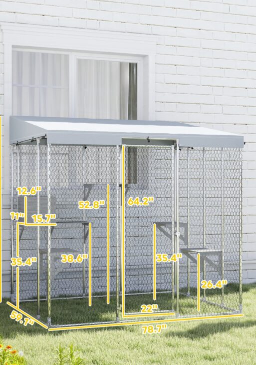 79" Galvanized Steel Large Catio with Waterproof Canopy, Sleeping Box, Jumping Platforms, for 1-3 Kittens, Silver