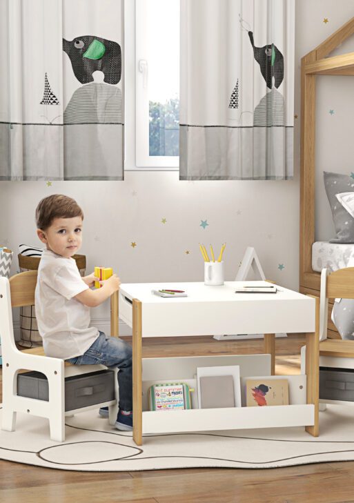 3pc Kids Table and Chair Set with Reversible Tabletop Blackboard, Storage & Bookshelves, Natural