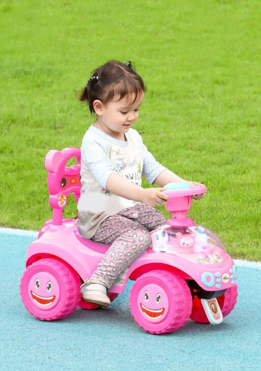 Foot to Floor Toddler Push Car w/ Horn, Light, Music, Anti-Over-Backwards Device & Underseat Storage, Pink