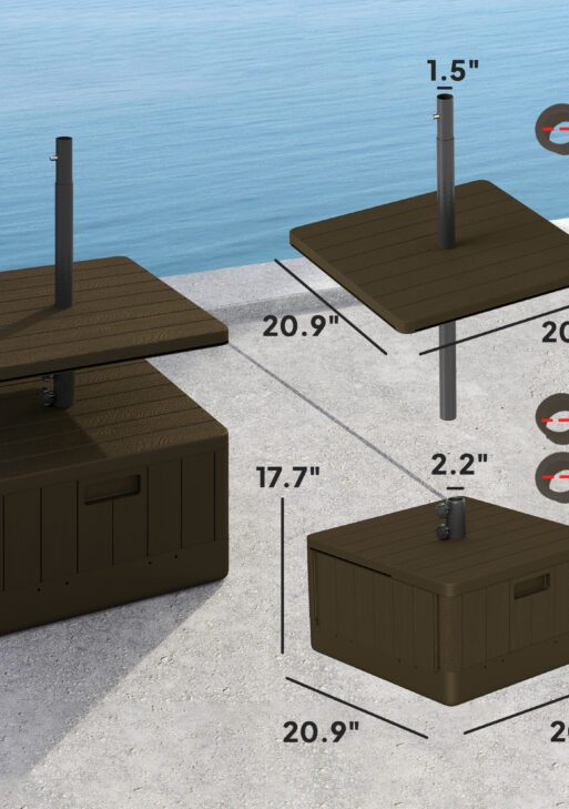 3-in-1 Outdoor Umbrella Base with Table Tray, Coffee End Table, Planter Box with Drain Hole, 175 lbs. Capacity Heavy Duty Fillable Patio Umbrella Stand Table with Wheels and Handles, Brown