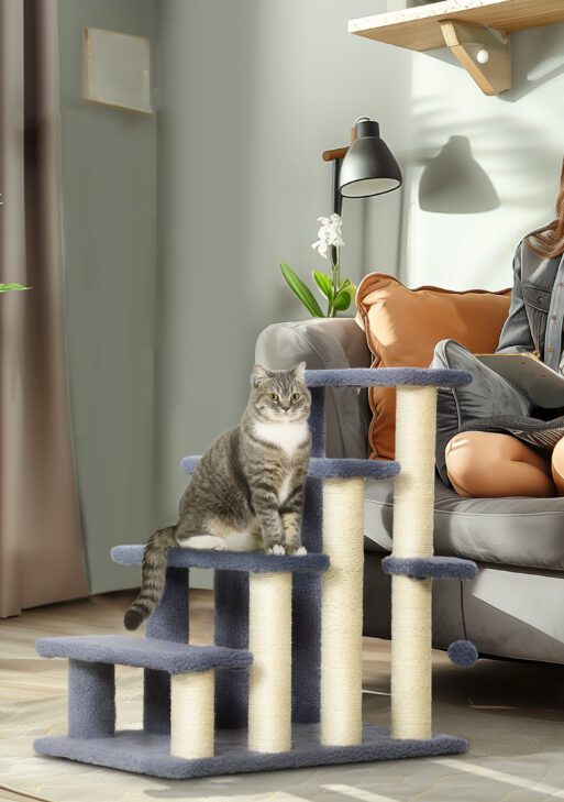 4 Levels Cat Steps with Scratching Posts for High Bed, Sofa, Gray