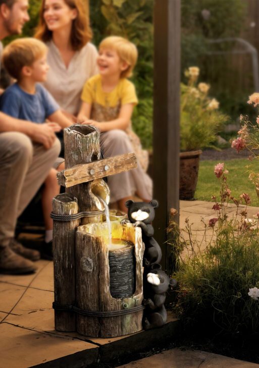 22.8" Water Fountain, 3-Tier Resin Bears on Log Outdoor Waterfall Fountain with LED Lights, Pump